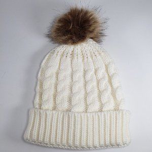 Cable Knit Beanie w/Faux Fur Pom-Pom Hat Beige New Without Tags